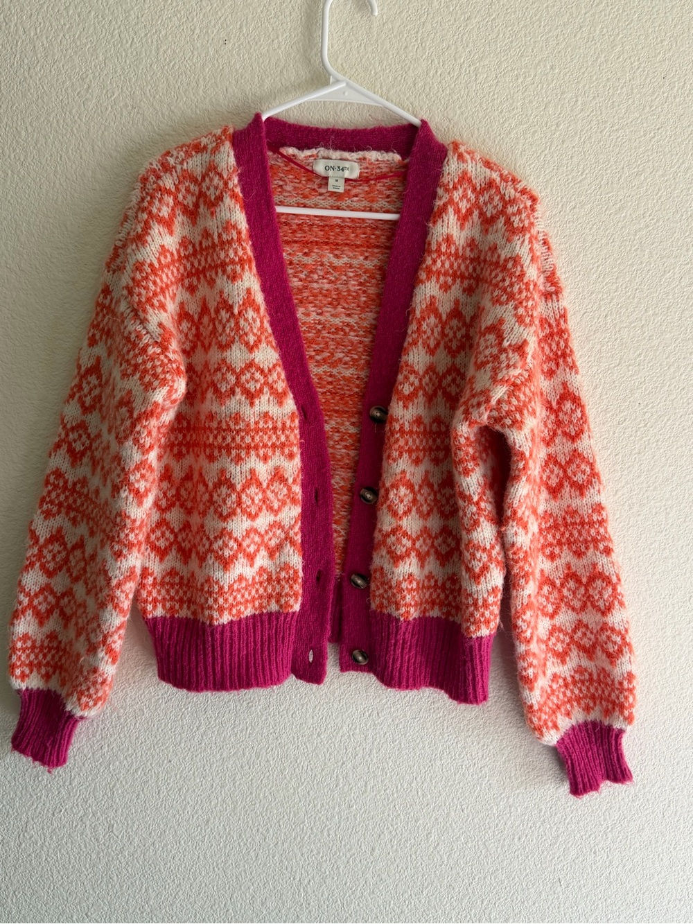ON 34th Pink and Orange Patterned Button-Up Cardigan